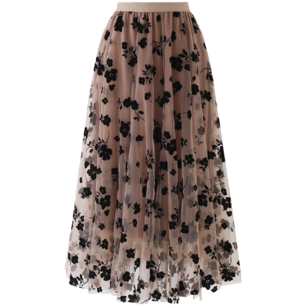CHICWISH 3D LEAF DOUBLE-LAYERED MESH TULLE MIDISKIRT IN CARAMEL - Picture 3 of 10
